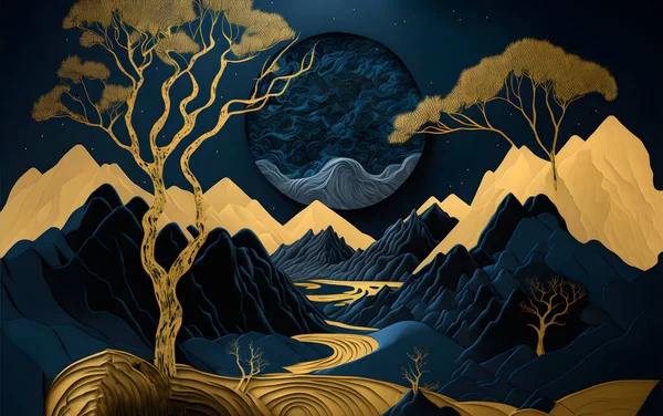 3d modern art mural wallpaper with dark blue blue background. golden tree and mountains, golden moon. dark landscape background and clouds and colorful mountains