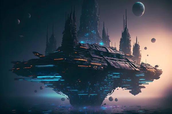fantasy view of the river at night, city floating in space like a big spaceship in dark space