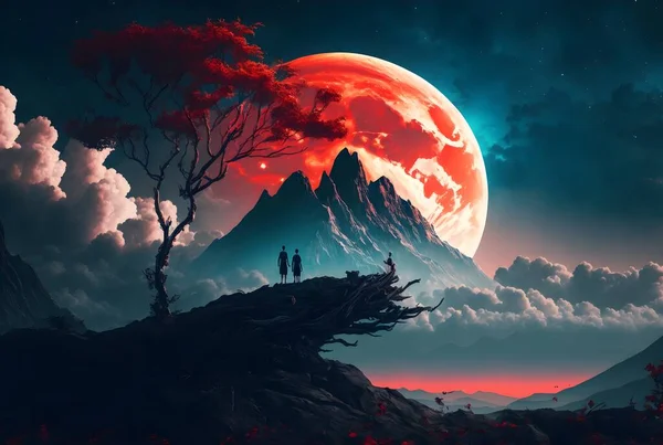 mountain, clouds and red moon illustration digital wallpaper.