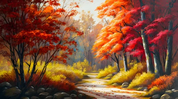 Autumn panorama original oil painting on canvas. Sunny Park with red golden trees and meadow, natural seasonal background original oil painting
