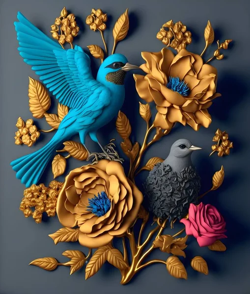 3d drawing of golden and blue flowers and bird, beautiful bird with flowers and leaves on a blue background