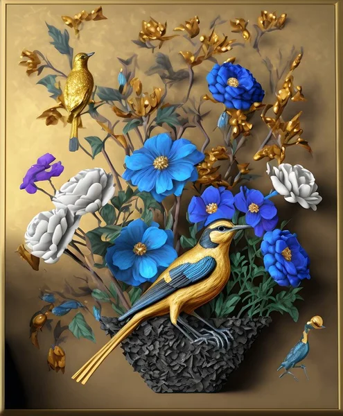 3d drawing of golden and blue flowers and bird, illustration of a bird with a bouquet of flowers