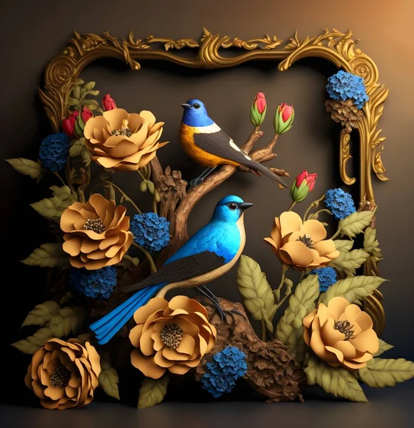 3d drawing of golden and blue flowers and bird, beautiful bird on a wooden background