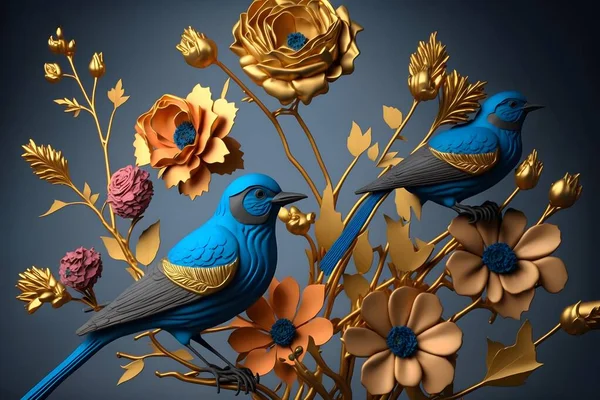 3d drawing of golden and blue flowers and bird, illustration of a bird with flowers