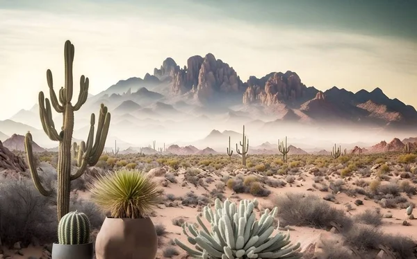 Desert landscape mural wallpaper, panoramic wallpaper of a misty foggy mysterious desert landscape, with huge mountains.