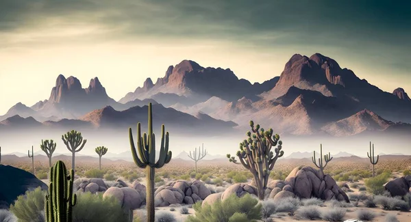 Desert landscape mural wallpaper, panoramic wallpaper of a misty foggy mysterious desert landscape, with huge mountains.