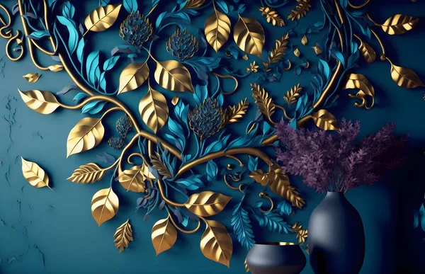 abstract flower mural background, blue, teal, gold, floral, plants, leaves pattern wallpaper for use as a frame on walls.