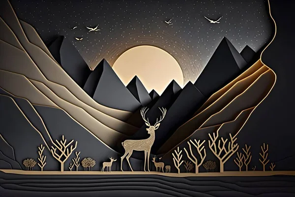 mural wallpaper with night landscape with dark mountains, gray background with stars deer, black trees and golden waves