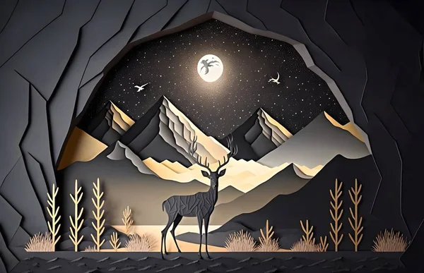 mural wallpaper with night landscape with dark mountains, gray background with stars deer, black trees and golden waves