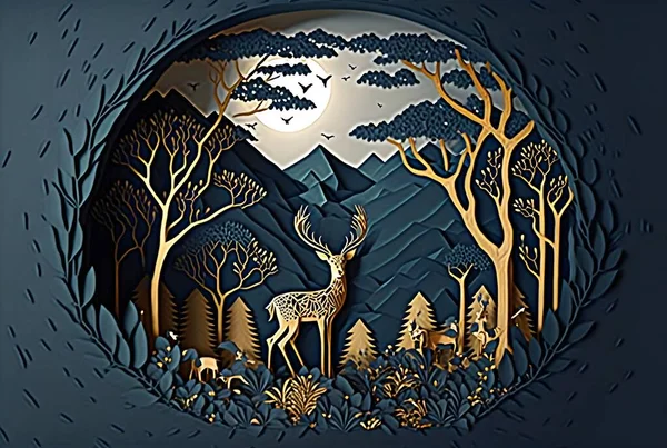 3d modern art mural wallpaper with dark blue Jungle and forest background. golden deer, black christmas tree, mountain, moon with white birds