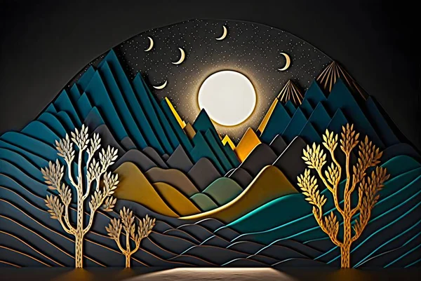 3d modern art mural wallpaper, night landscape with colorful mountains, dark black background with golden moon, golden trees and gold waves