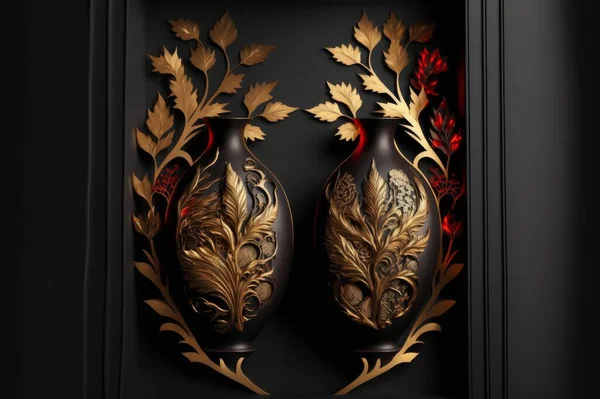 Mural wallpaper with 3d render black and gold vases with red flowers and dark brown background