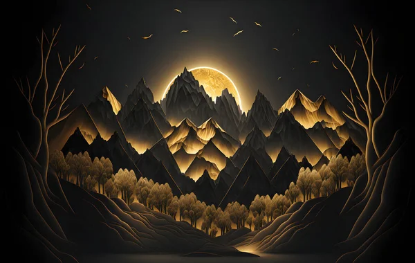 Dark golden mountains, trees, moon, wood dark black background, 3d modern art mural wallpaper with landscape.