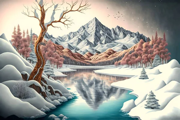 3d modern art mural wallpaper with Illustration of a winter landscape covered in snow with glowing light