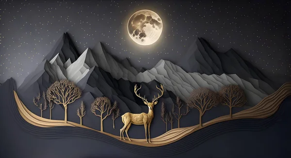 3d modern art mural wallpaper with night landscape with dark mountains, gray background with stars deer, black trees and golden waves