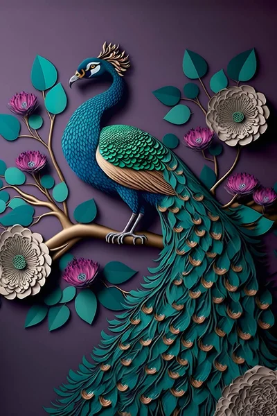Peacock on branch wallpaper. colorful flowers, 3d mural background. wall canvas poster art
