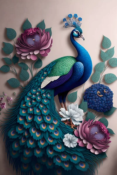 peacock bird with feathers and flowers