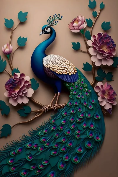 Peacock on branch wallpaper. colorful flowers, 3d mural background. wall canvas poster art