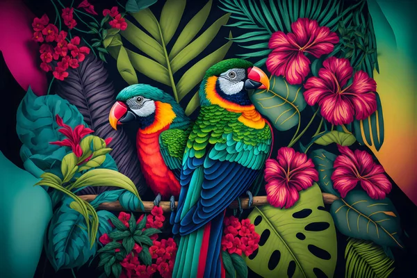 tropical leaves, parrot, bird, toucan, birds, flowers, illustration
