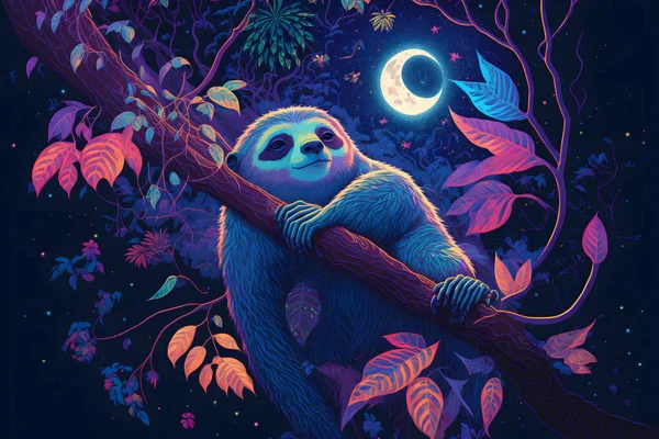 Fantasy sloth on tree canopy branch in magical jungle. Beautiful moonlit night