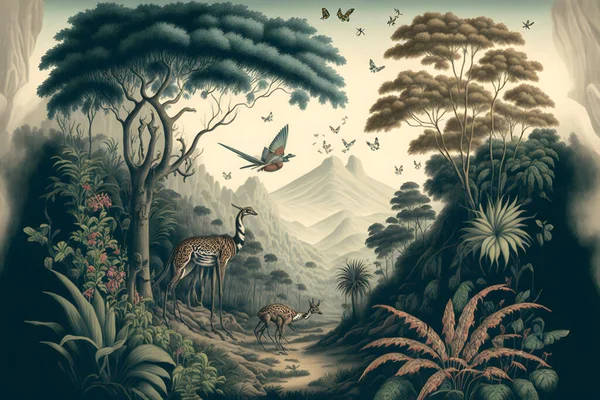 Jungle wallpaper, tropical forests with valleys, deer, colorful birds and butterflies in a vintage landscape drawing