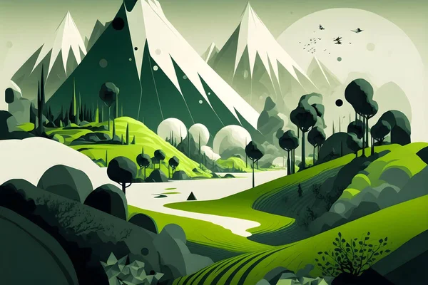 Stylized abstract landscape with a dominant green color scheme. modern, minimalistic and geometric shapes and lines. Shades of green, white, and black