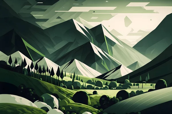 Stylized abstract landscape with a dominant green color scheme. modern, minimalistic and geometric shapes and lines. Shades of green, white, and black