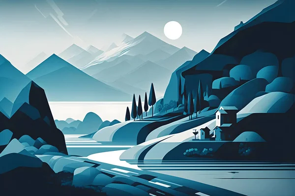 Stylized, abstract landscape with blue color scheme. Modern, minimalistic and geometric shapes and lines. Shades of blue, white, and black