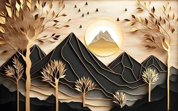 3d mural wallpaper. leaves tree, golden lines, dark yellow sun and mountain, colorful marble background
