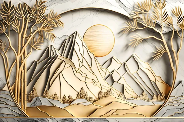 3d mural wallpaper. leaves tree, golden lines, dark yellow sun and mountain, colorful marble background