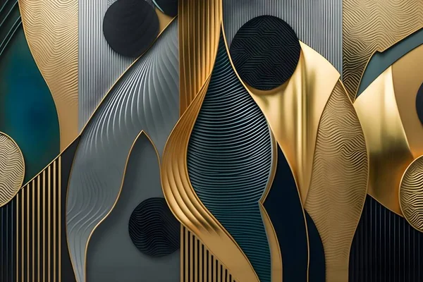 Modern wallpaper mural art. golden, blue, gray, black and wooden shapes with golden lines. 3d illustration for home wall decor