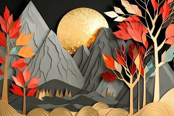 3d mural wallpaper. Drawing modern Landscape art with leaves tree, golden lines, red sun and mountain. colorful marble background.