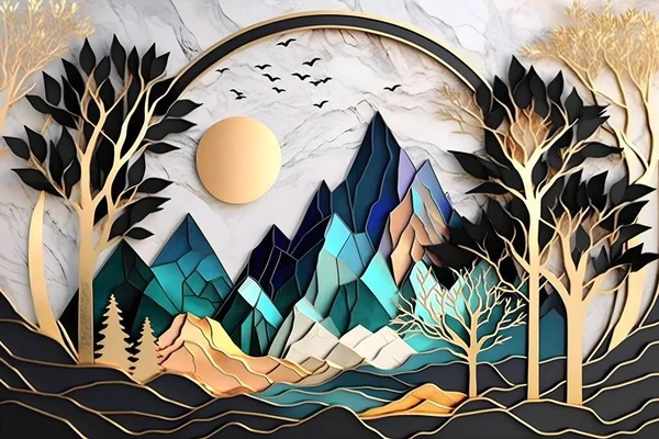 3d mural wallpaper. golden tree leaves, lines, sun and green mountain, colorful marble background
