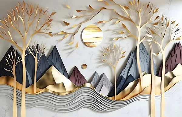3d mural wallpaper. leaves tree, golden lines, Silver sun and mountain, colorful marble background, Suitable for use as a frame on wall