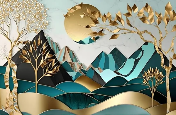 3d mural wallpaper. leaves tree, golden lines, Teal sun and mountain, colorful marble background