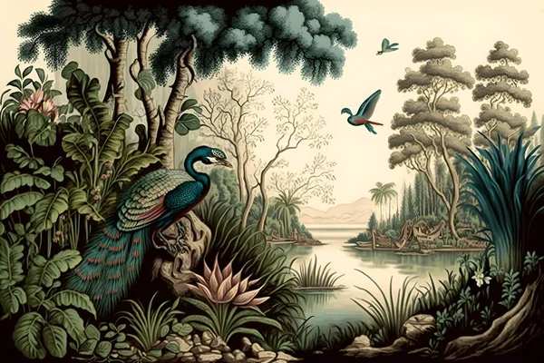 Vintage wallpaper of forest landscape with lake, plants, trees, birds, peacocks, butterflies and insects