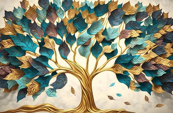 3d mural wallpaper. colorful tree with turquoise, blue and brown leaves in the drawing background. drawing golden objects