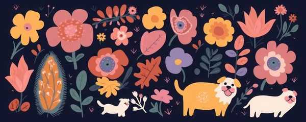 Colourful cartoon collection with cute dog, flowers and bouquets