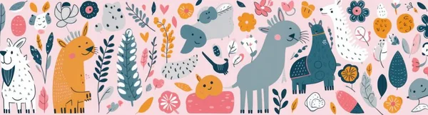 Abstract doodles. Baby animals and flowers pattern. Fabric pattern. illustration with cute animals. Nursery baby illustration