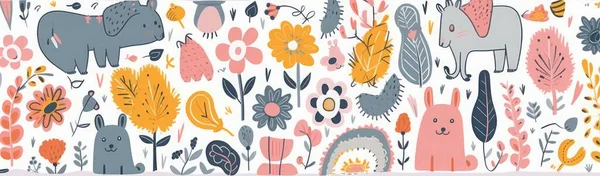 Abstract doodles. Baby animals and flowers pattern. Fabric pattern. illustration with cute animals. Nursery baby illustration