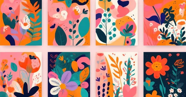 Trendy posters and cards with flowers and abstract patterns. Summer bright colourful abstract collection of posters. Set of amazing floral designs for