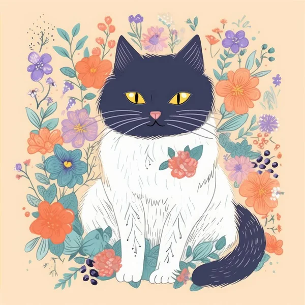 illustration with a cute cat in blooming flowers