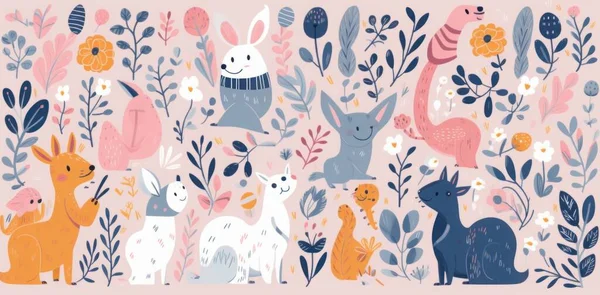 Abstract doodles. Baby animals and flowers pattern. illustration with cute animals. Nursery baby illustration