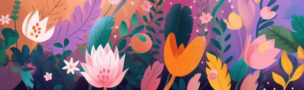 Beautiful spring illustration with flowers, leaves. Bright spring abstract background