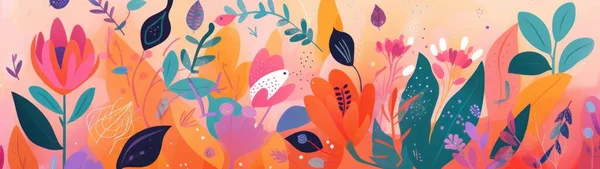 Beautiful spring illustration with flowers, leaves. Bright spring abstract background