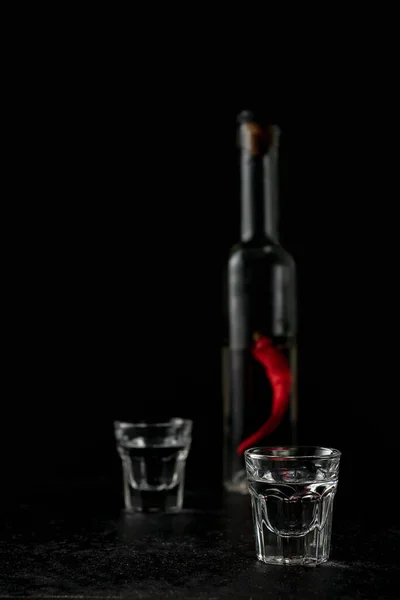 Hot Pepper Vodka Black Background Space Text — Stock Photo, Image