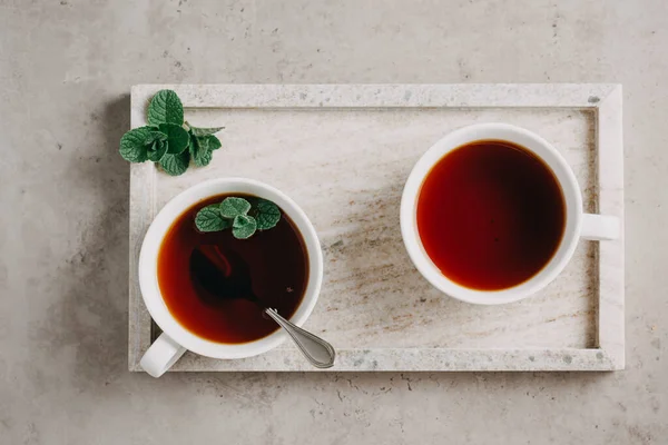 Two Cups Mint Tea Gray Marble Tray — Stock Photo, Image