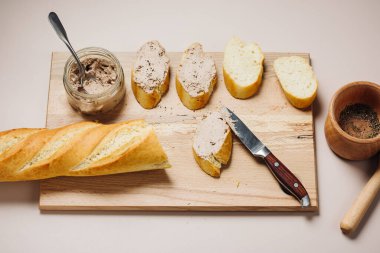 Homemade liver pate spread on baguette slices.