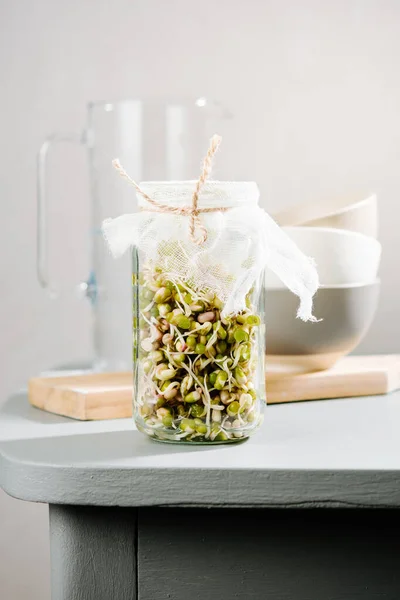 Fresh mung bean sprouts in a jar.