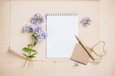 Yaz modelleme sahnesi. Boş defter, tahta zemin üzerinde kalem ve mavi çiçekler düz konum, üst görünüm, boşluğu kopyala.